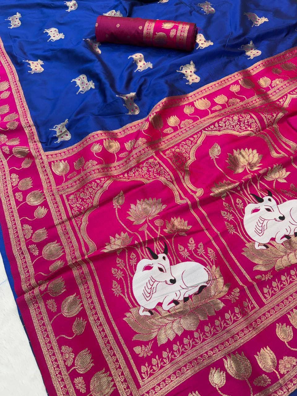 Royal Blue Soft Silk Paithani Saree with Nandhi Motifs