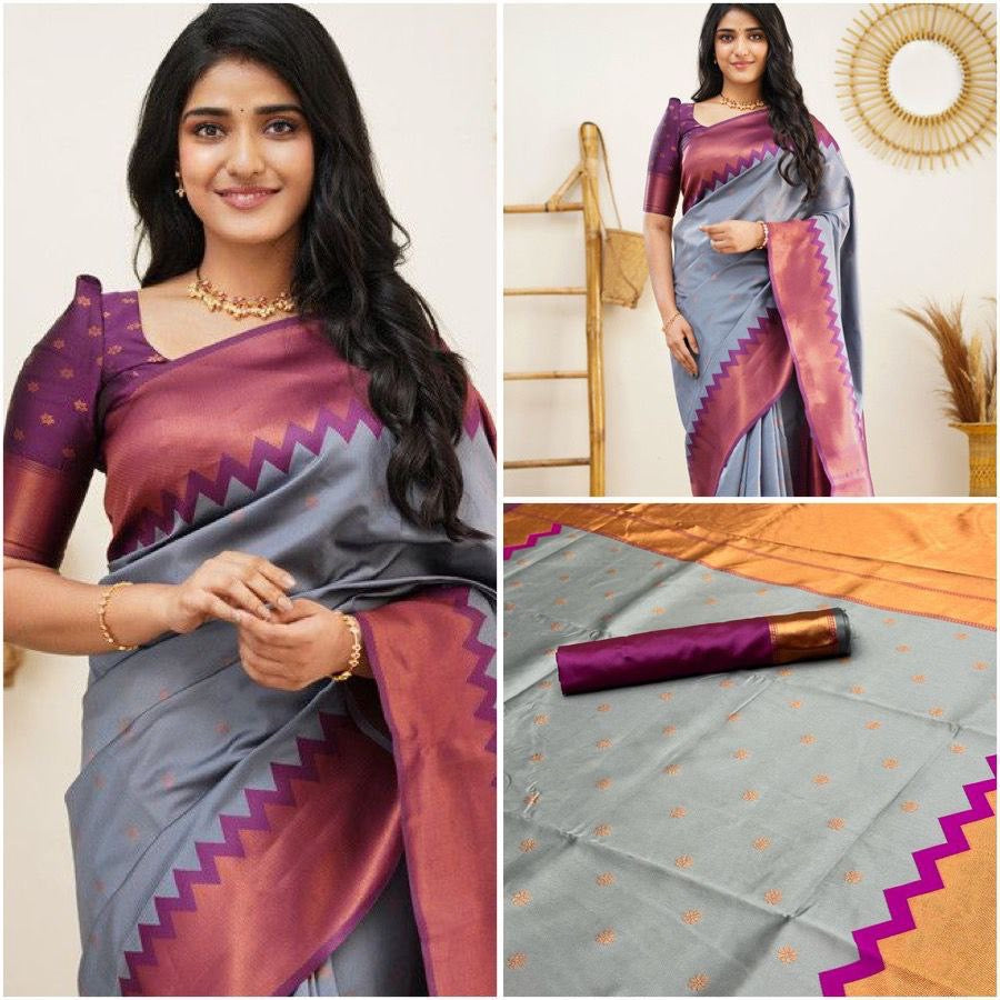 Grey Cotton Silk Gold Weaving Saree