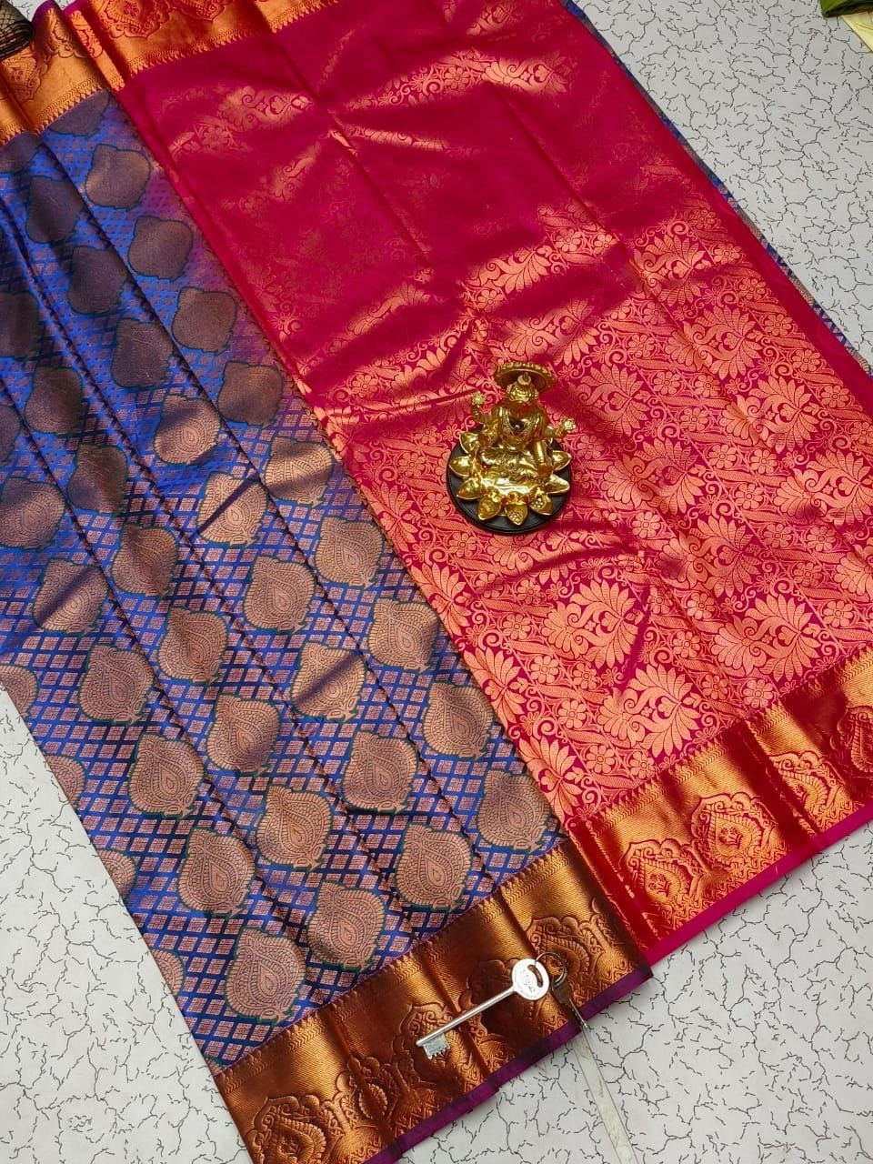 Royal Blue with Rose Red Dharmavaram Style Original Korvai Silk Wedding Saree