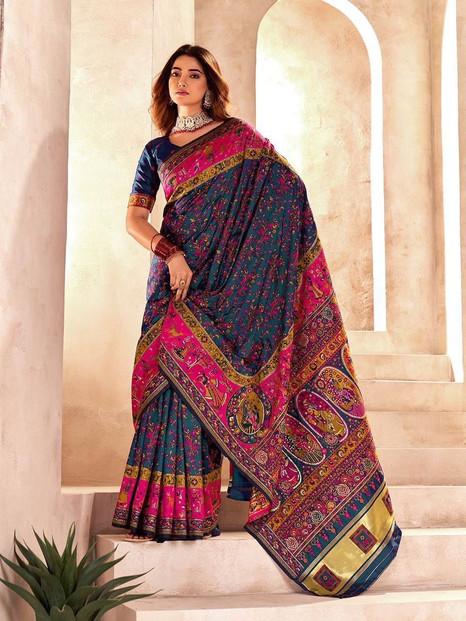 Blue Soft Rajwadi Pashmina Silk Weaving Saree