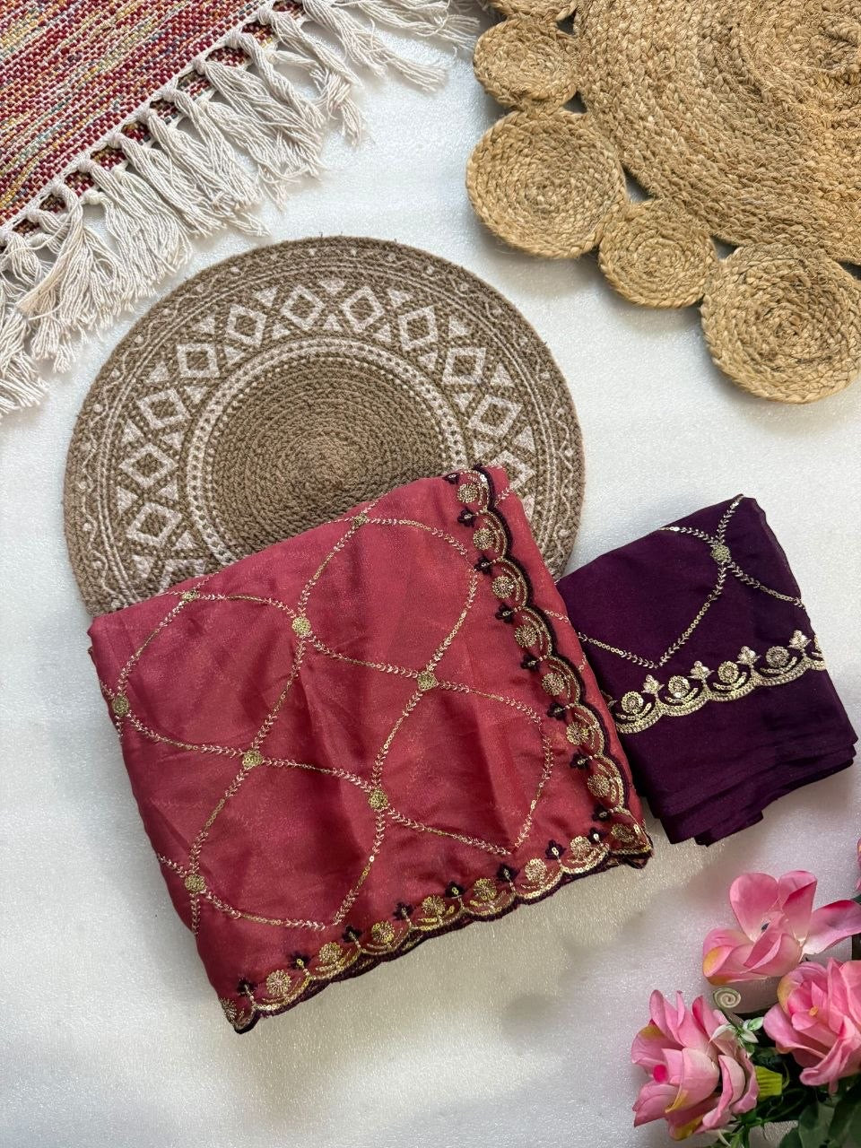 Rose Red Georgette Saree with Embroidery & Sequence Work