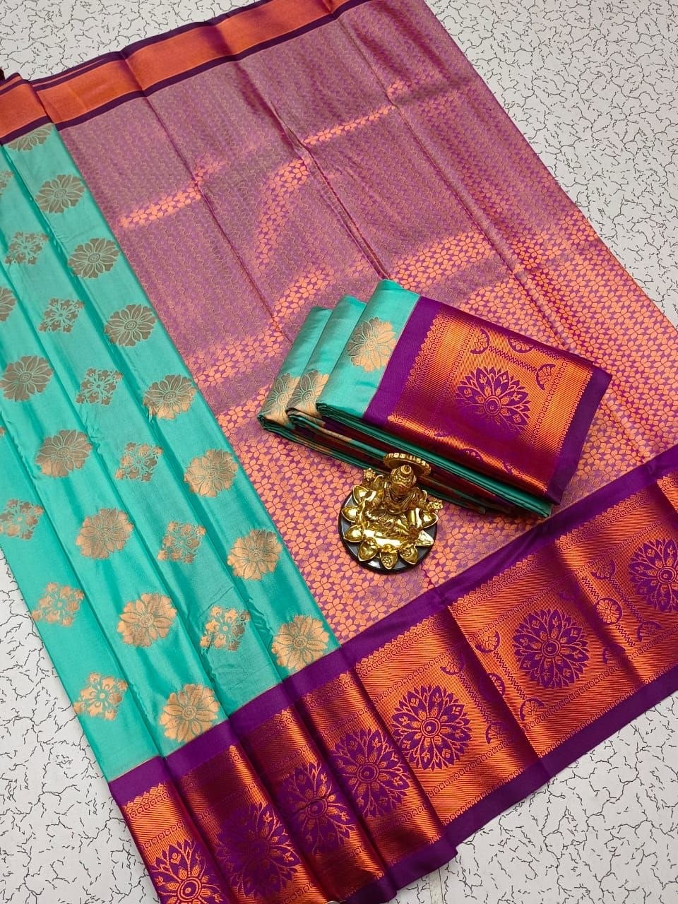 Sea Blue with Purple Dharmavaram Style Original Korvai Silk Wedding Saree