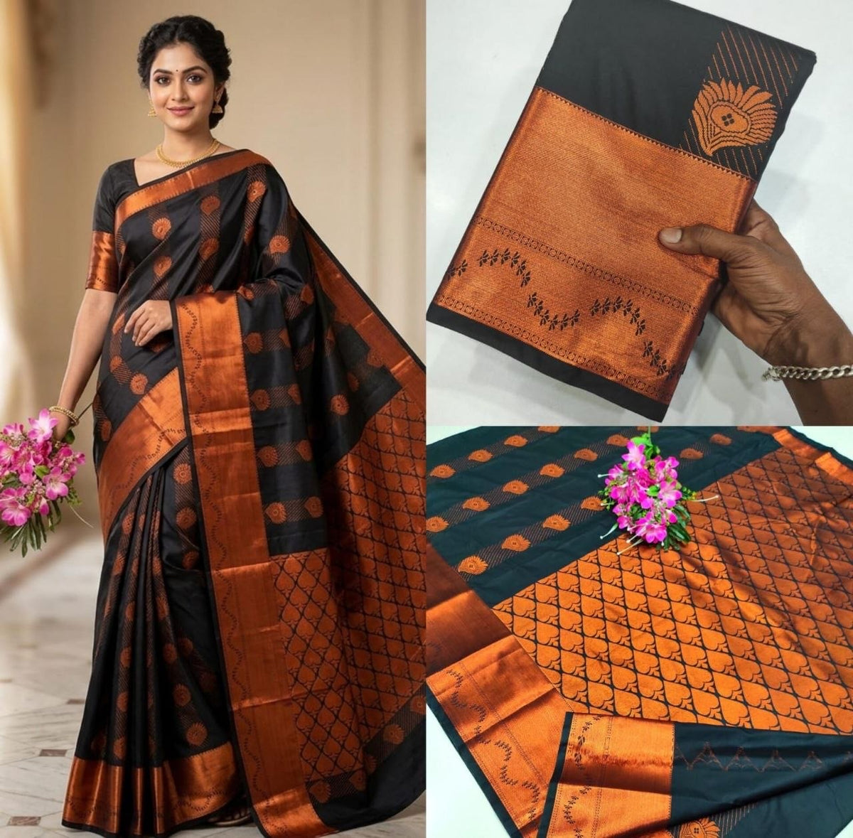 Black Kanchipuram Handloom Soft Silk Saree