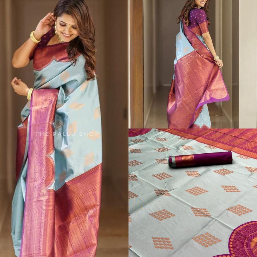 Ash Blue Majenta Designer Cotton Silk Gold Weaving Saree