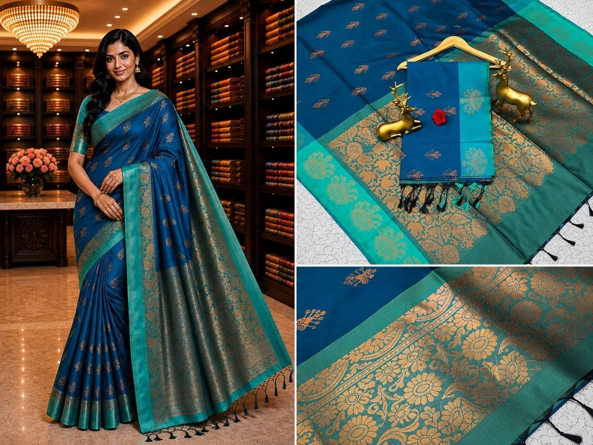Peacock Blue Fancy Soft Silk Bhutta Saree