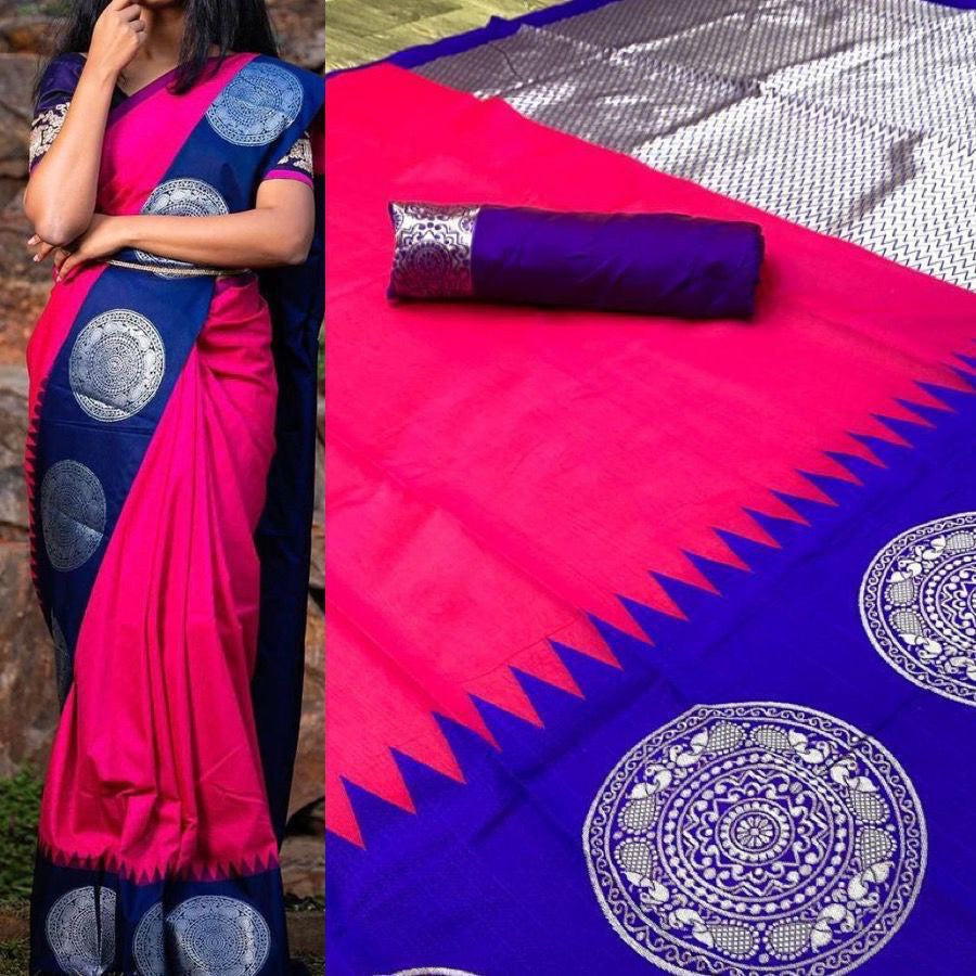 Hot Pink Designer Cotton Silk Gold Weaving Saree
