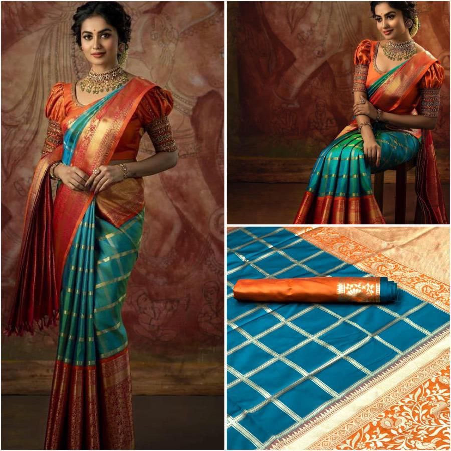 Checker Blue Cotton Silk Gold Weaving Saree