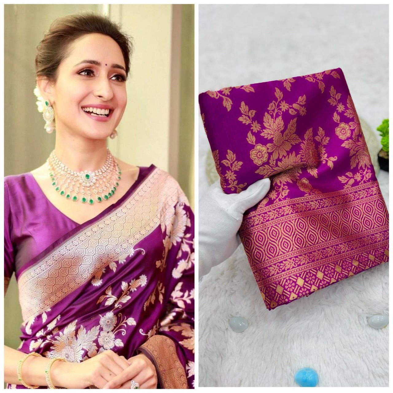 Purple Floral Cotton Silk Gold Weaving Saree