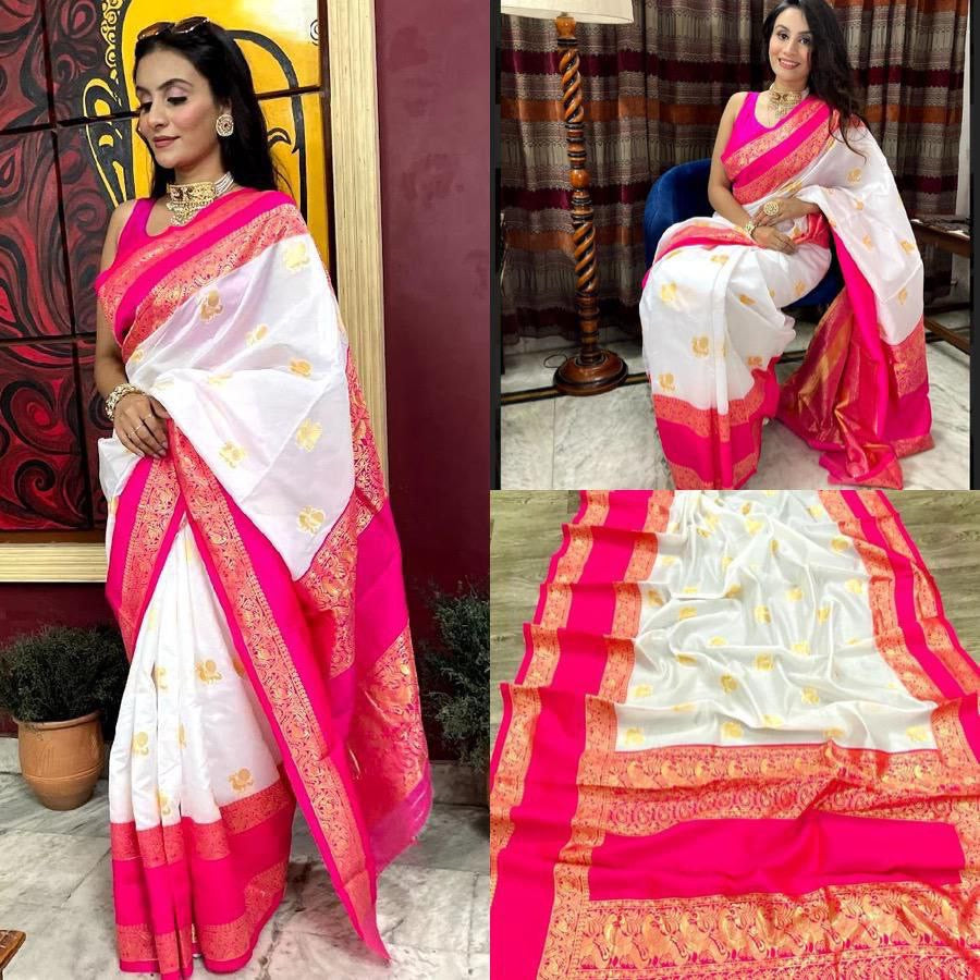 White Hot Pink Border Cotton Silk Gold Weaving Saree
