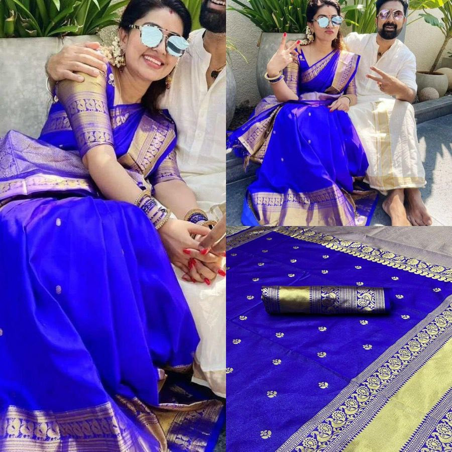 Royal Blue Designer Cotton Silk Gold Weaving Saree