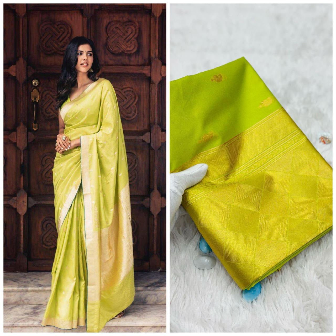 Lemon Green Cotton Silk Gold Weaving Saree