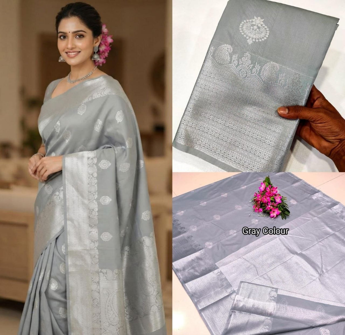 Silver Kanchipuram Handloom Soft Silk Saree