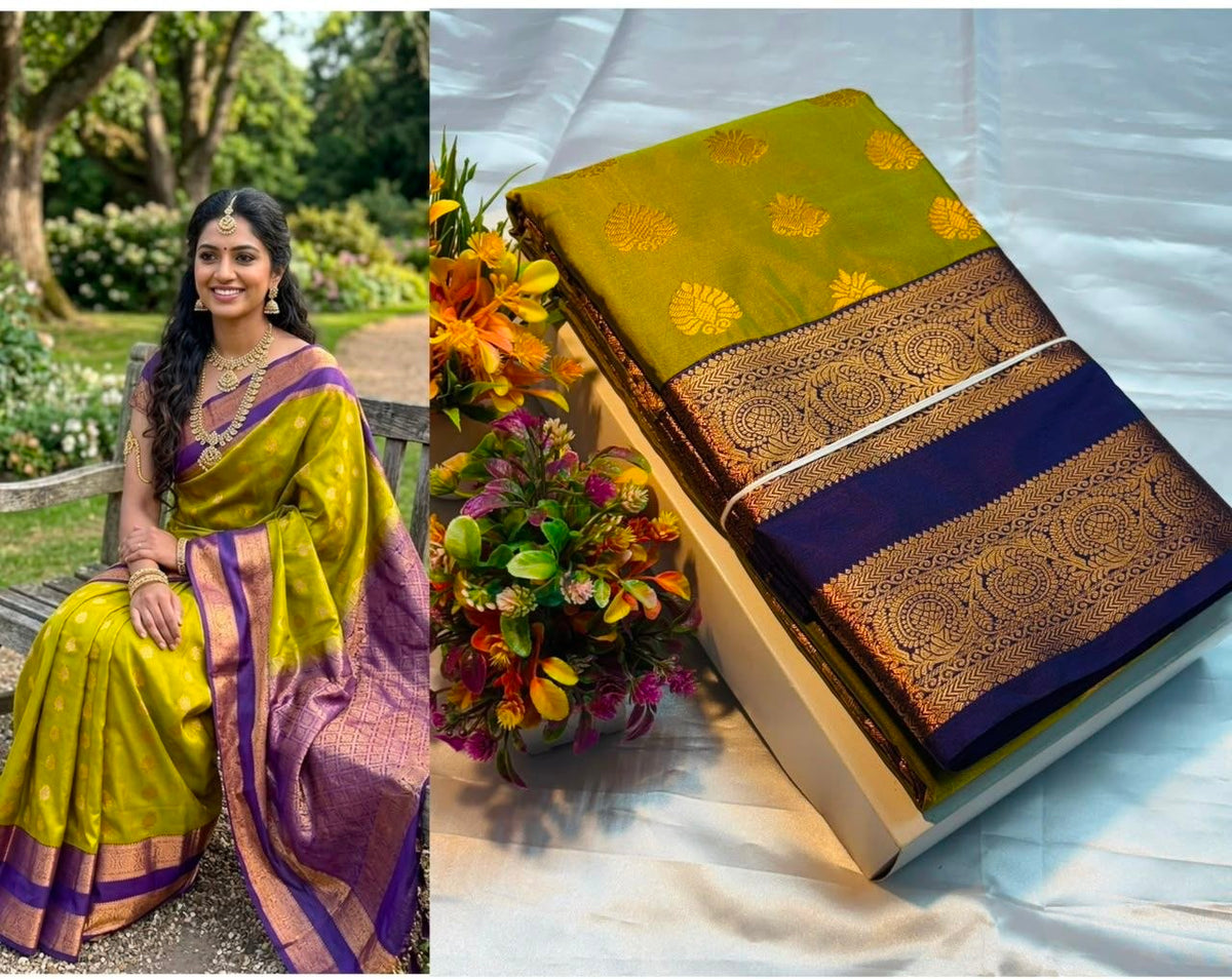 Olive Green Luxury Border Pure Silk Soft Silk Saree with Butta work