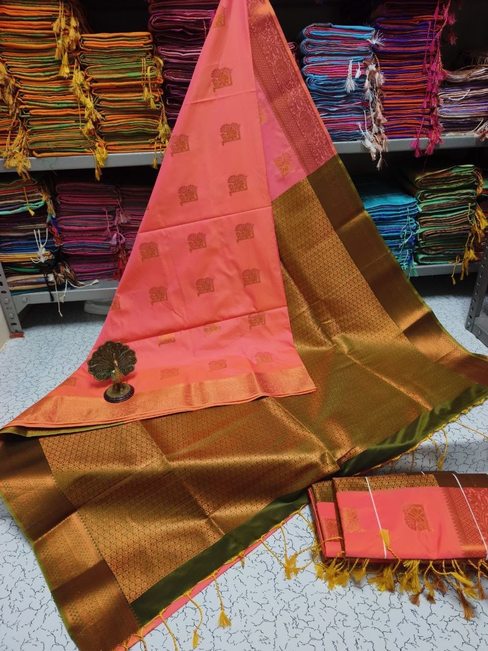 Coral Pink Premium Kanchipuram Jacquard Soft Silk Saree