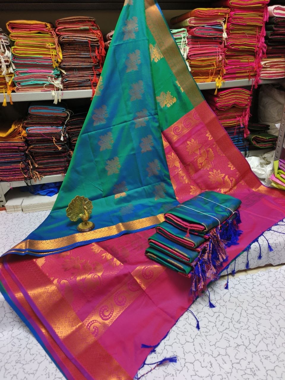 Peacock Blue Premium Kanchipuram Jacquard Soft Silk Saree