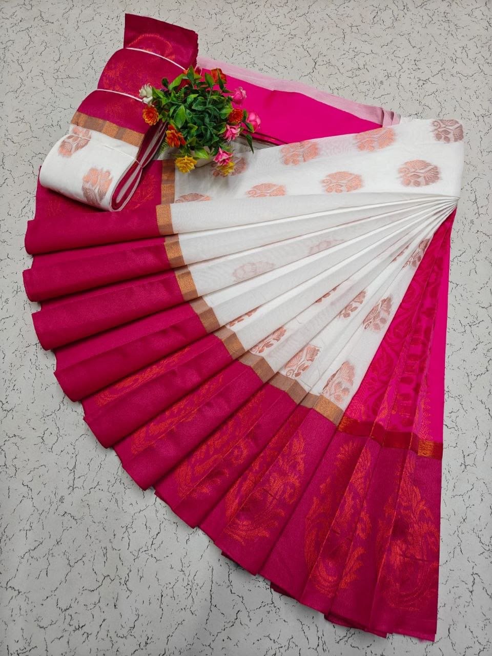 Ivory White with Rani Pink Uppada Kotanji Contrast Border Silk Cotton Sarees