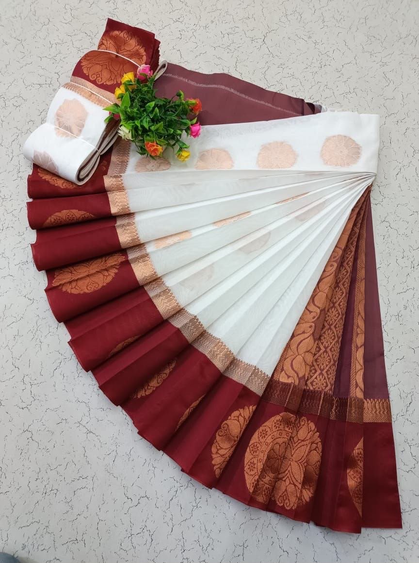 Ivory White with Wine Burgundy Uppada Kotanji Contrast Border Silk Cotton Sarees