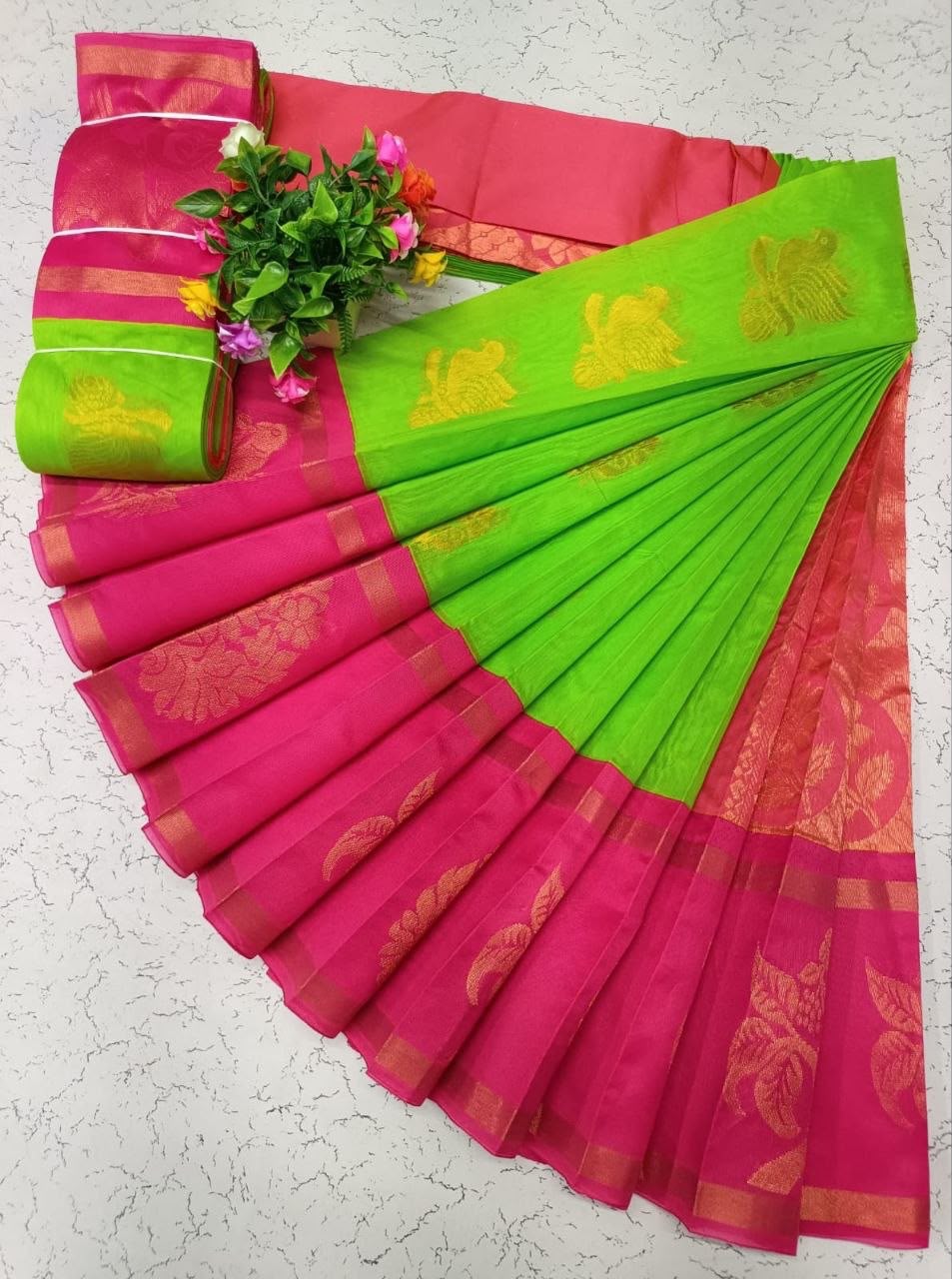 Parrot Green with Rani Pink Uppada Kotanji Contrast Border Silk Cotton Sarees