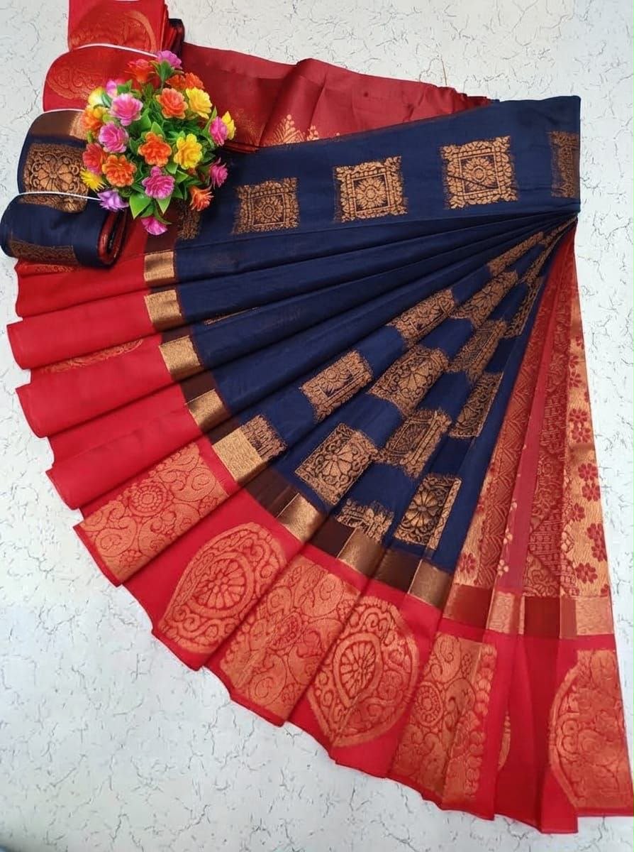 Navy Blue with Red Uppada Kotanji Contrast Border Silk Cotton Sarees