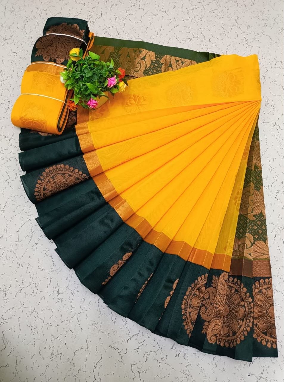 Mustard Yellow with Bottle Green Uppada Kotanji Contrast Border Silk Cotton Sarees