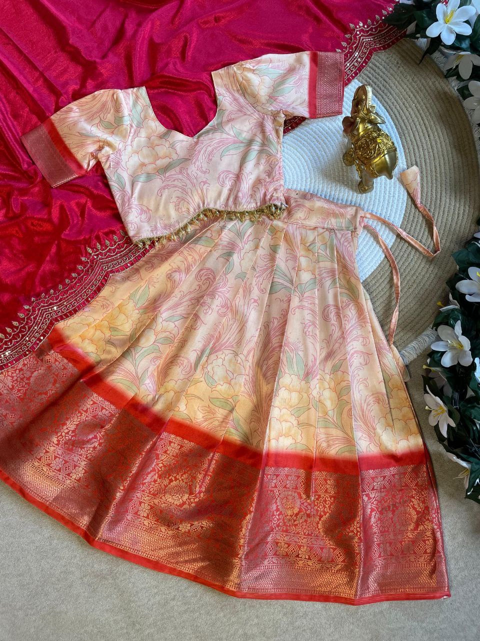Floral Paisley Pure Silk Blouse with Cotton Lehenga and Half Saree