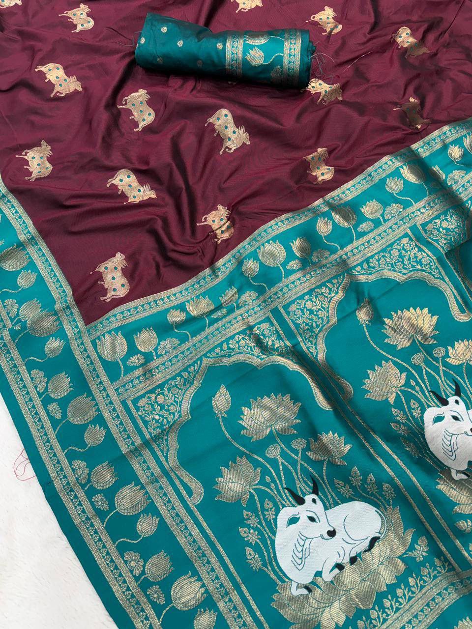 Wine Soft Silk Paithani Saree with Nandhi Motifs