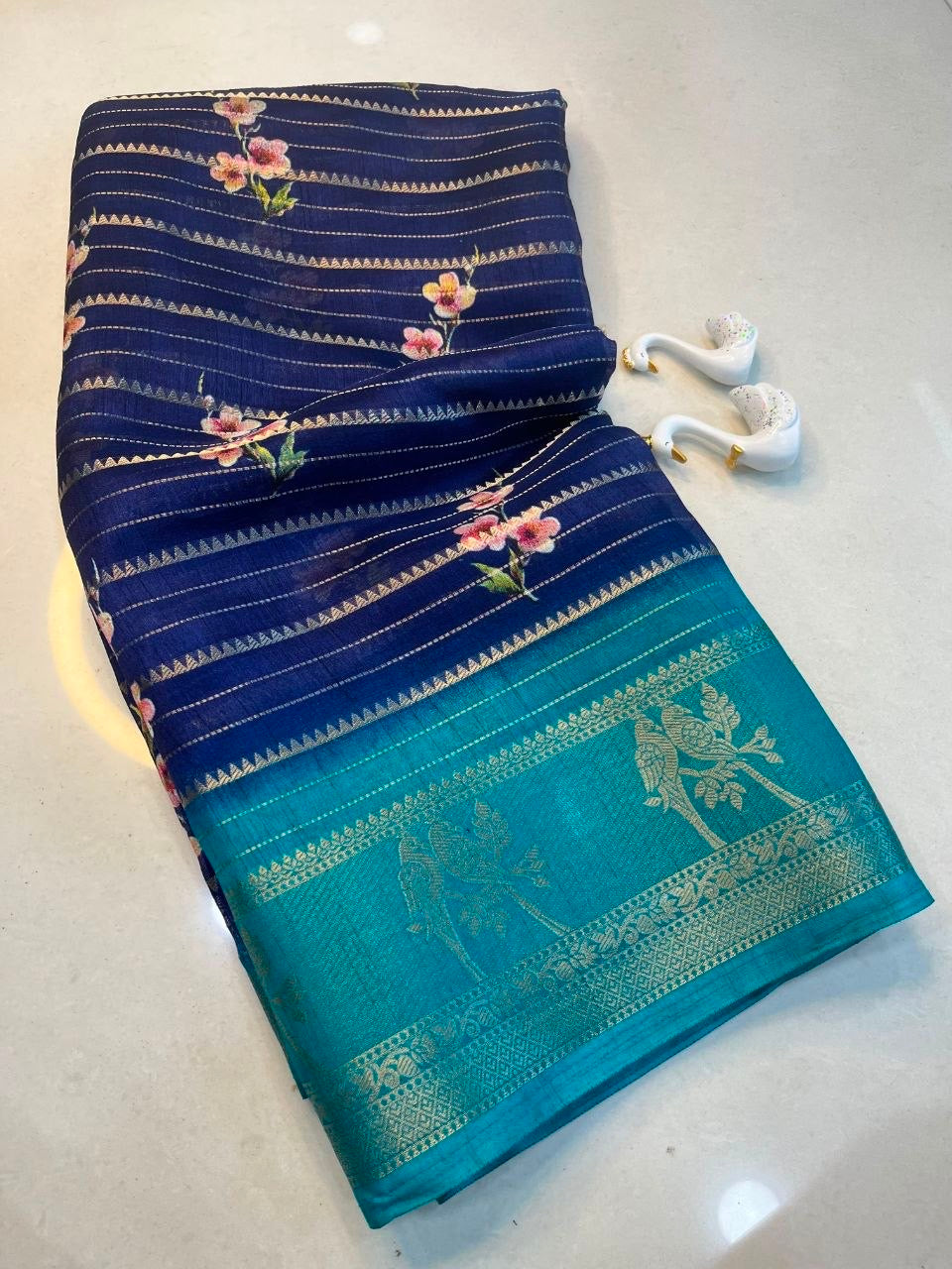 Pure Kolam Silk with Jacquard border Saree with Peacock Print in 5 colors