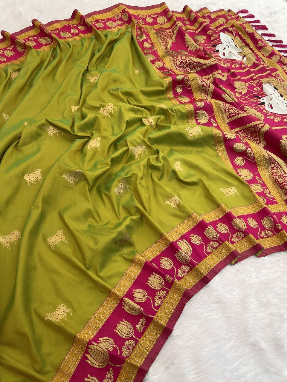 Parrot Green Soft Silk Paithani Saree with Nandhi Motifs
