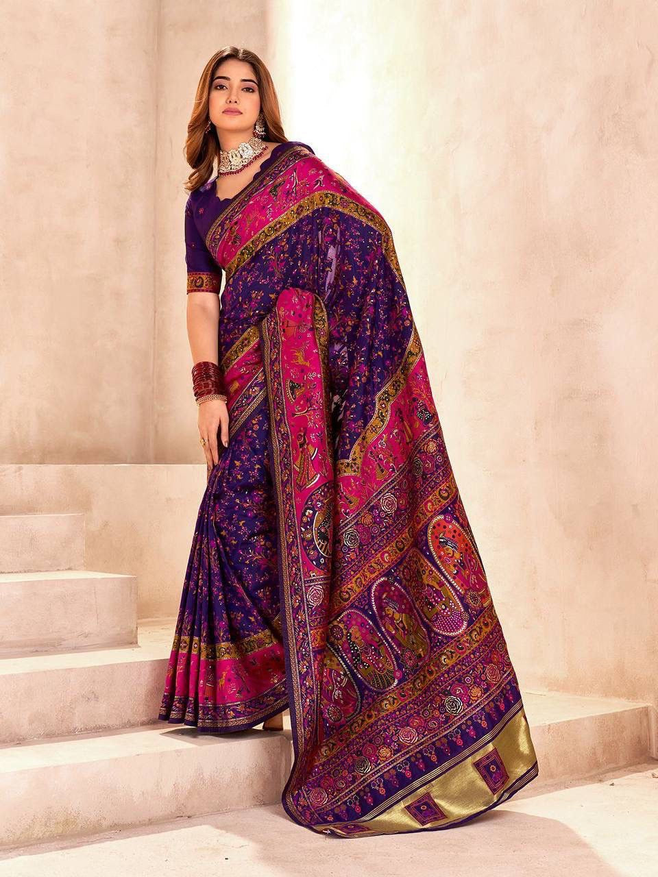 Purple Soft Rajwadi Pashmina Silk Weaving Saree