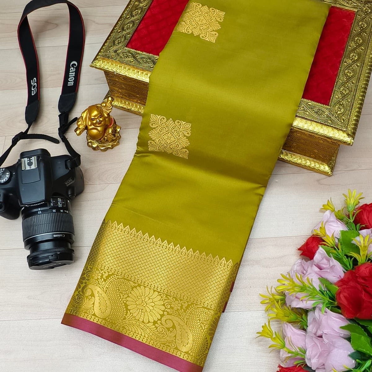 Olive Green Shining Fusion Soft Silk Sarees