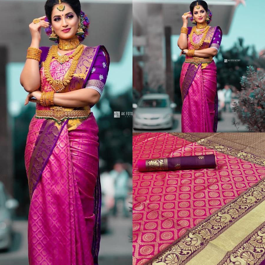 Rani Pink Floral Cotton Silk Gold Weaving Saree