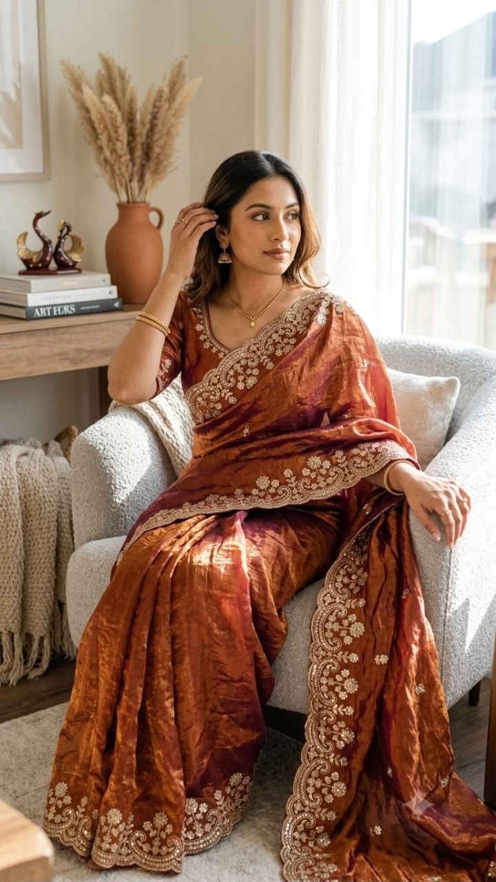 Copper Two Tone Space Silk Zari Work Designer Saree with Readymade Blouse