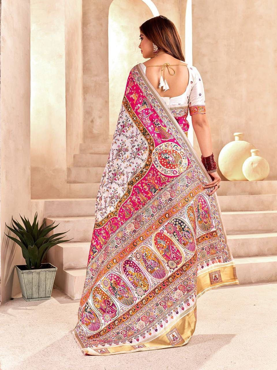 White Soft Rajwadi Pashmina Silk Weaving Saree