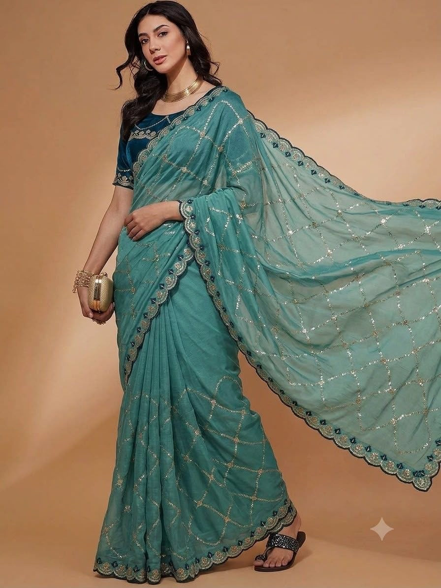 Teal Blue Pure Georgette Saree with Embroidery & Sequence Work