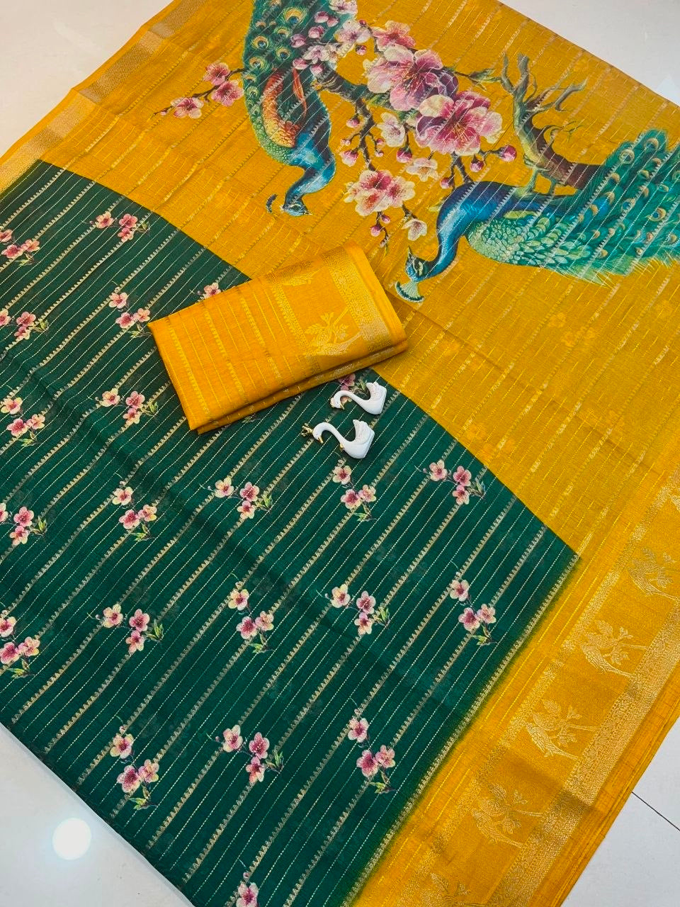 Pure Kolam Silk with Jacquard border Saree with Peacock Print in 5 colors