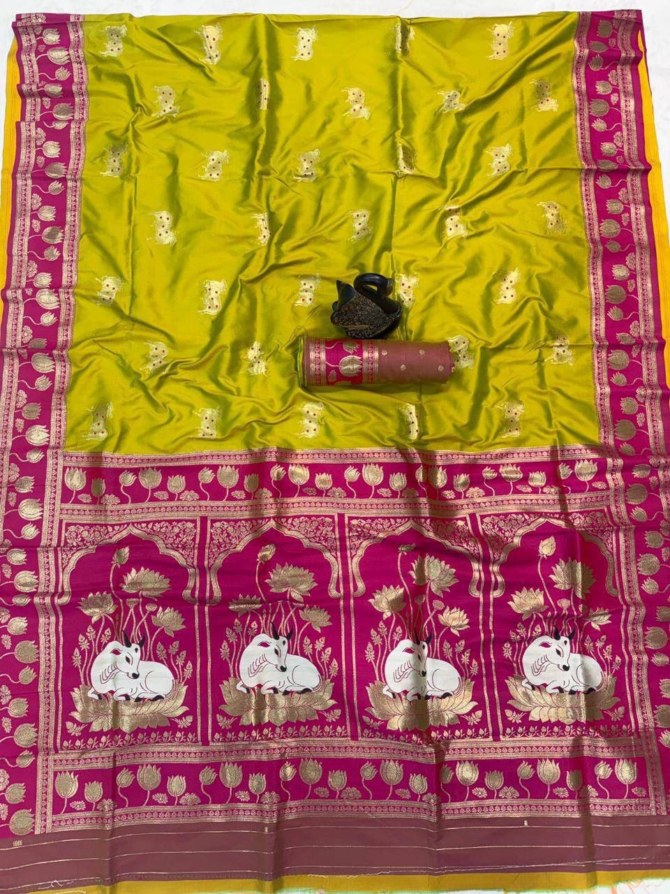 Parrot Green Soft Silk Paithani Saree with Nandhi Motifs