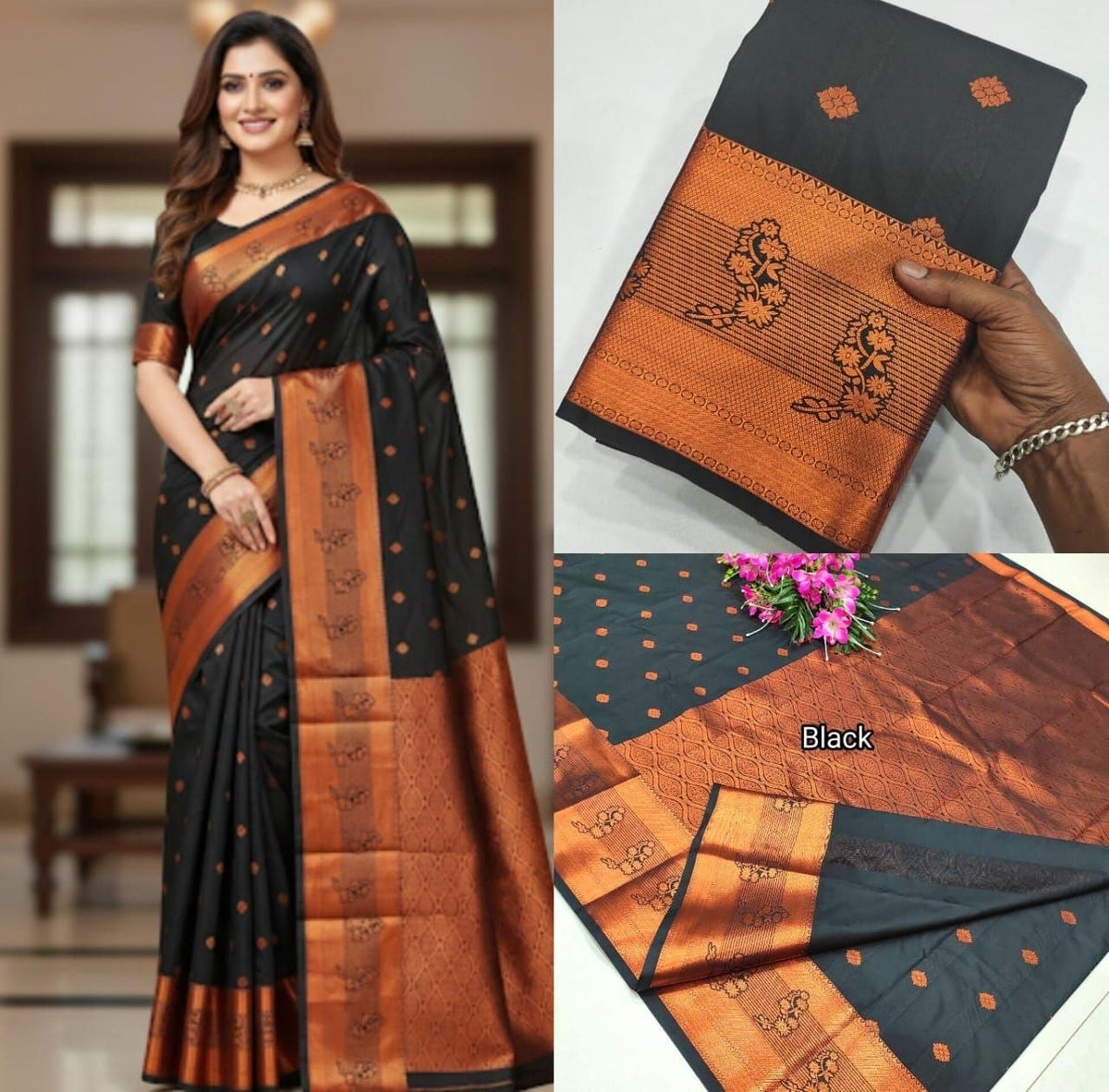 Jet Black Kanchipuram Handloom Soft Silk Saree