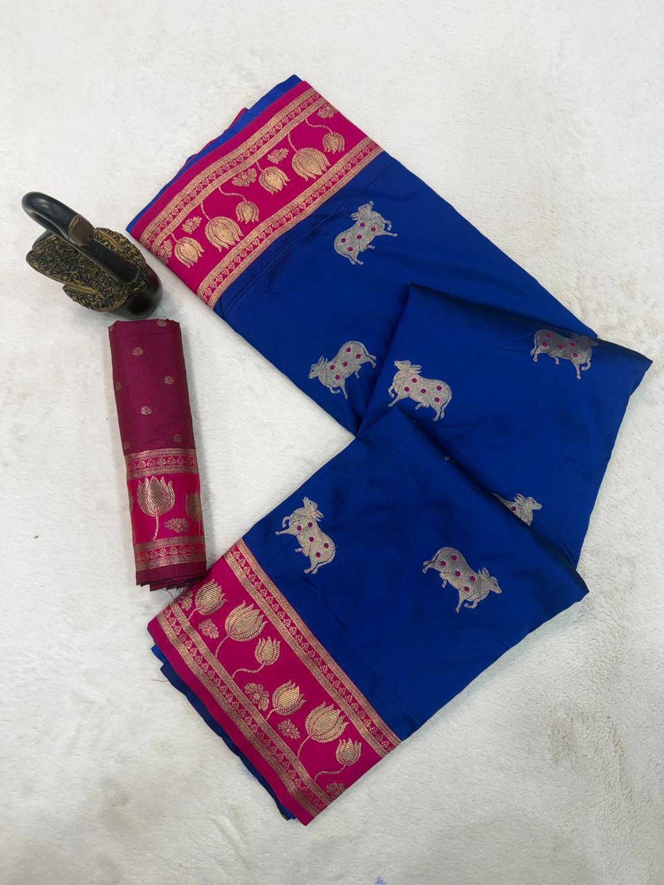 Royal Blue Soft Silk Paithani Saree with Nandhi Motifs