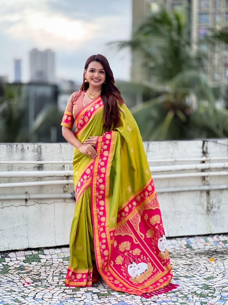 Parrot Green Soft Silk Paithani Saree with Nandhi Motifs