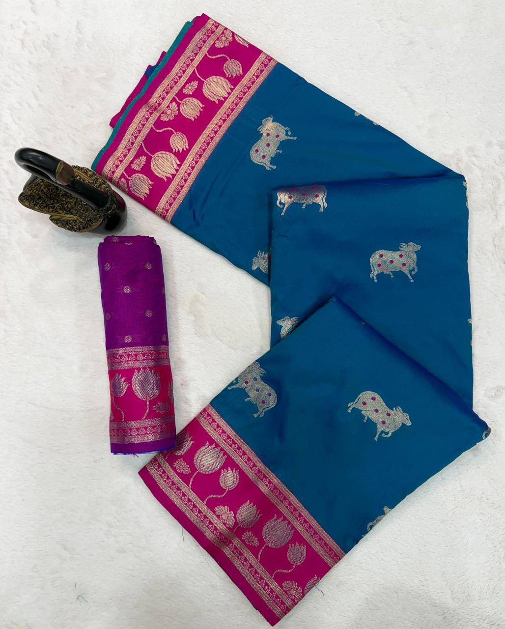 Turquoise Blue Soft Silk Paithani Saree with Nandhi Motifs