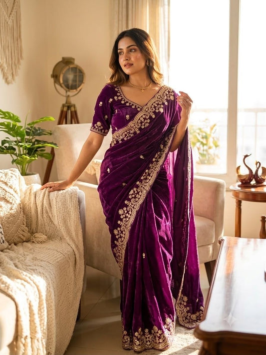 Purple Soft Two Tone Space Silk Zari Work Designer Saree with Readymade Blouse