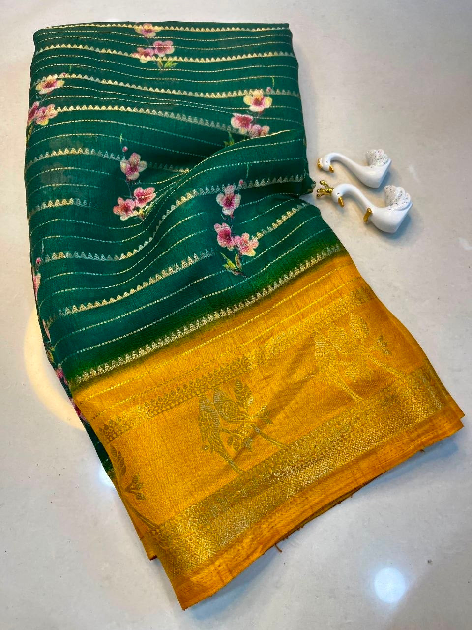 Pure Kolam Silk with Jacquard border Saree with Peacock Print in 5 colors