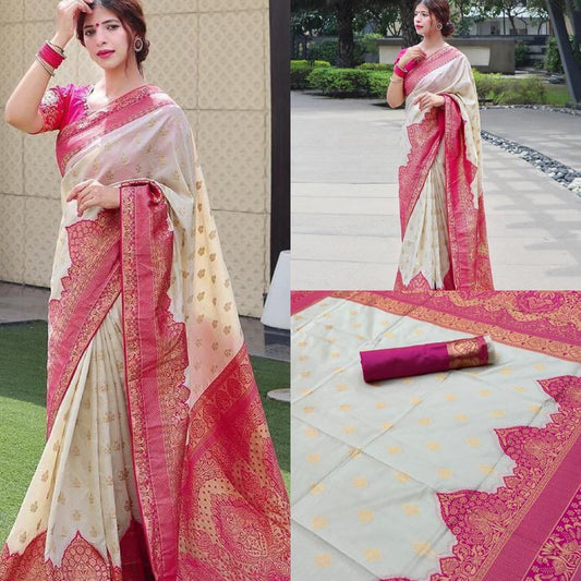 Off White Heavy Pink Border Cotton Silk Gold Weaving Saree