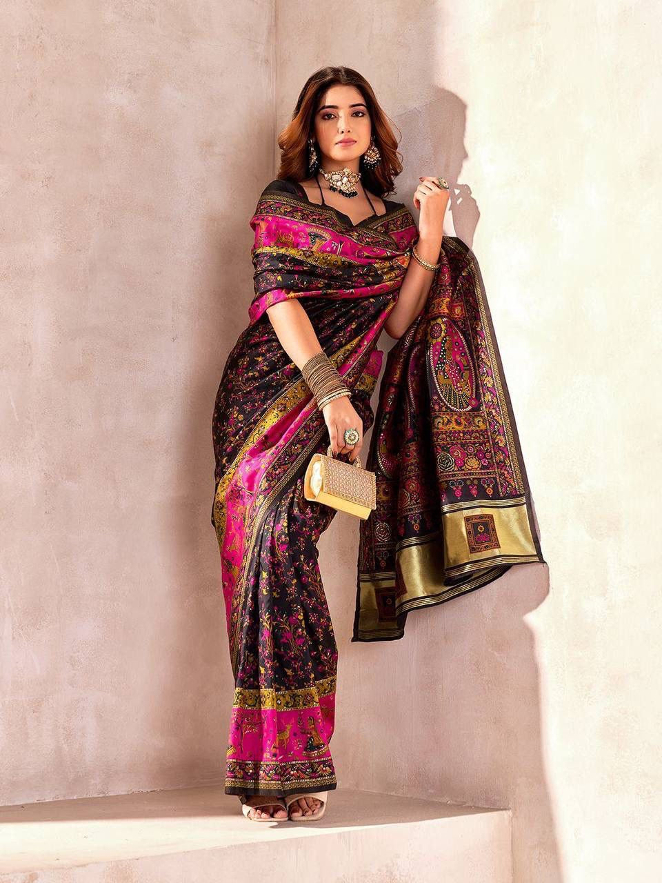 Black Soft Rajwadi Pashmina Silk Weaving Saree