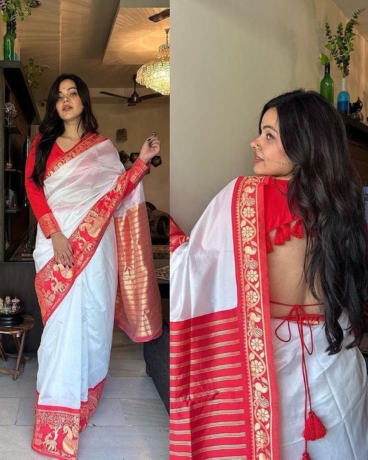 White Animal Red Border Cotton Silk Gold Weaving Saree