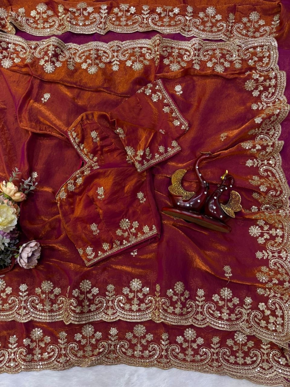 Copper Two Tone Space Silk Zari Work Designer Saree with Readymade Blouse