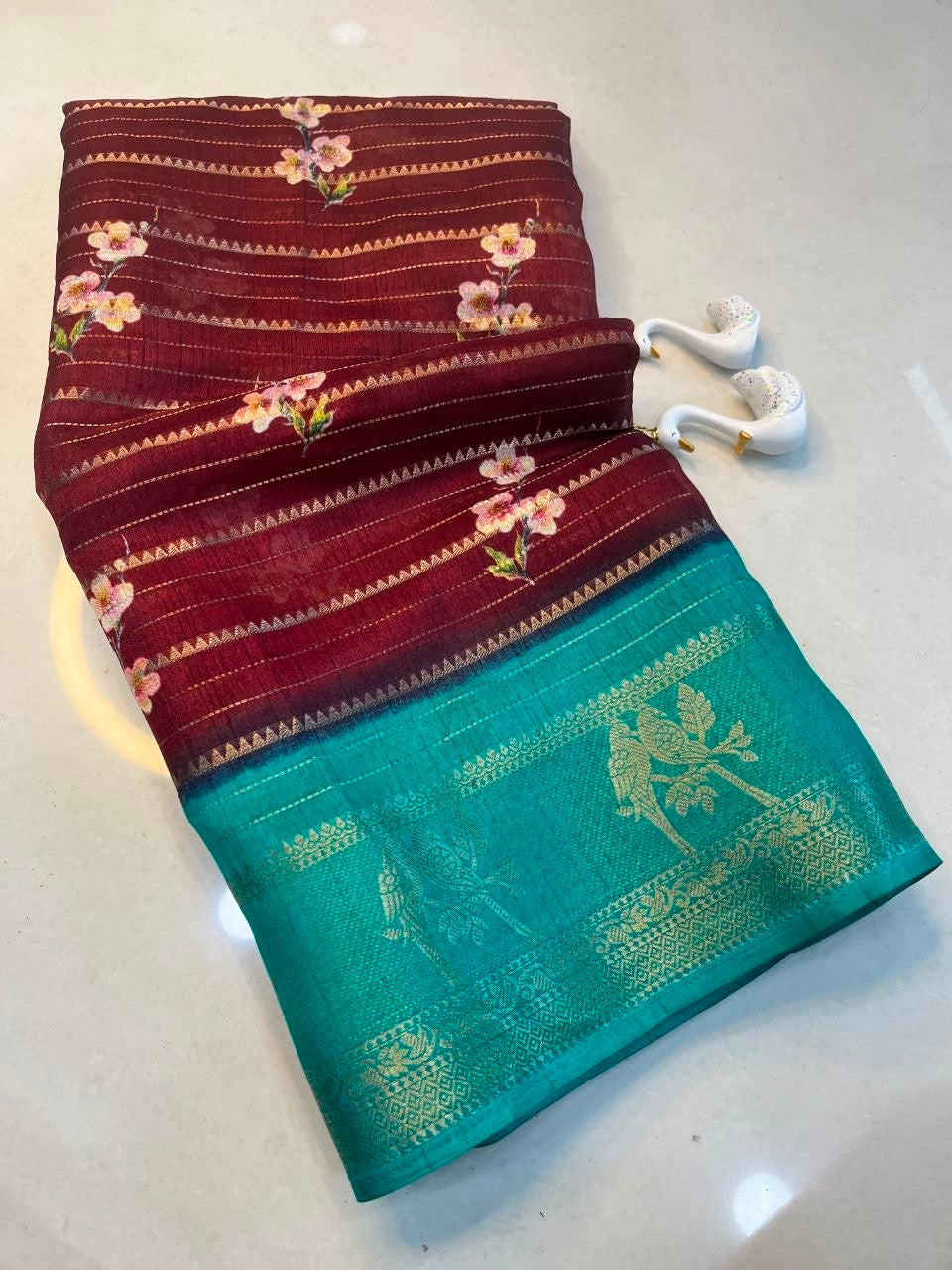 Pure Kolam Silk with Jacquard border Saree with Peacock Print in 5 colors