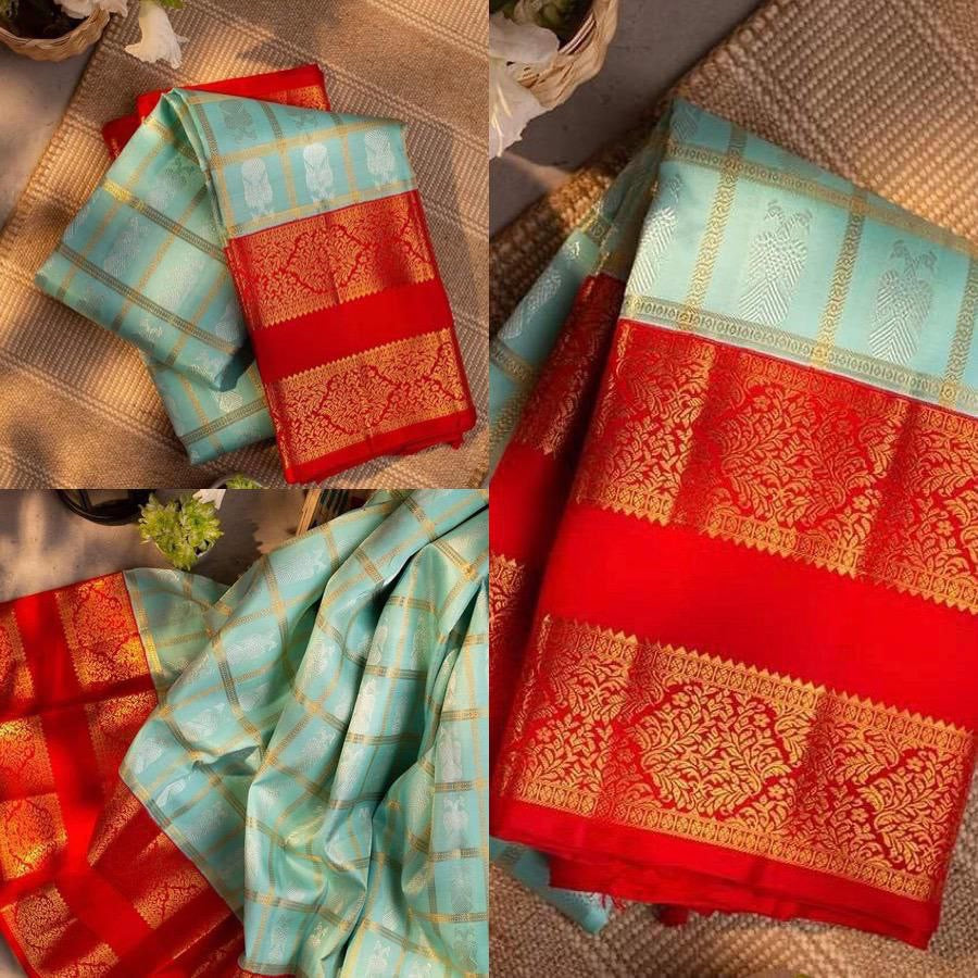 Light Blue with Red Cotton Silk Gold Weaving Saree