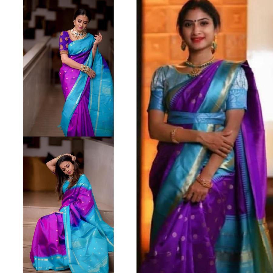 Purple and Blue Cotton Silk Gold Weaving Saree