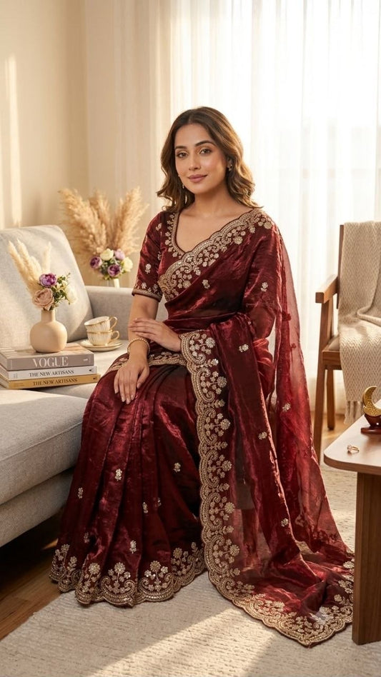 Maroon Two Tone Space Silk Zari Work Designer Saree with Readymade Blouse